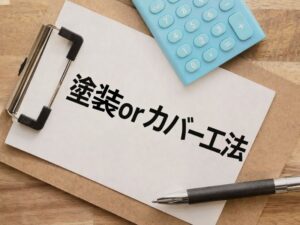 塗装orカバー工法と書かれた紙とバインダー