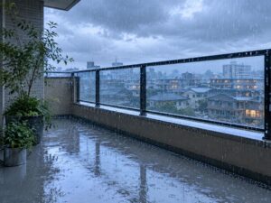 強い雨で濡れるベランダ床